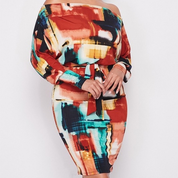 Multi Color Off Shoulder Dress NWOT - Picture 2 of 2